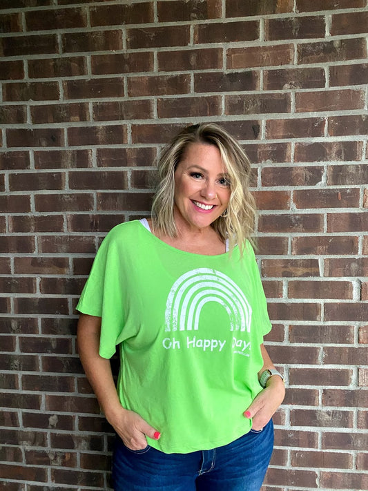 Neon Green “Oh Happy Day” Ladies Boxy Tee